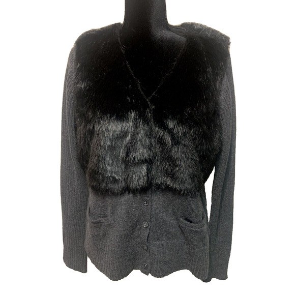 Simply Vera -Vera Wang Womens Sweater Extra-Large Grey Wool Faux Fur Cardigan - Picture 2 of 16